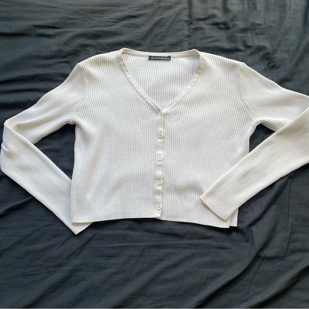 Brandy Melville Cream Ribbed V-Neck Button Cardigan